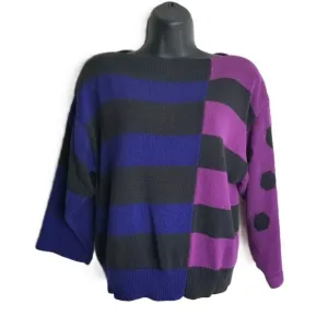 Vintage 80s Hand Loomed Sweater Color Blocked Stripes Polka Dots Avant Garde L