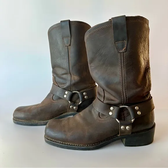 Vintage Brown Leather Harness Boots 11W Motorcycle Riding Square Toe Cody James