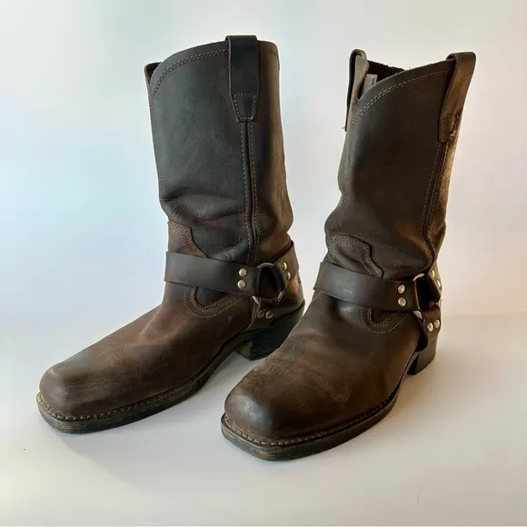 Vintage Brown Leather Harness Boots 11W Motorcycle Riding Square Toe Cody James