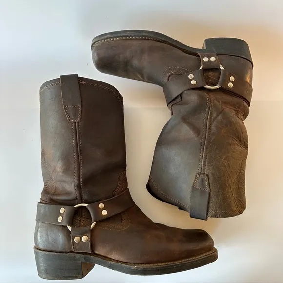 Vintage Brown Leather Harness Boots 11W Motorcycle Riding Square Toe Cody James