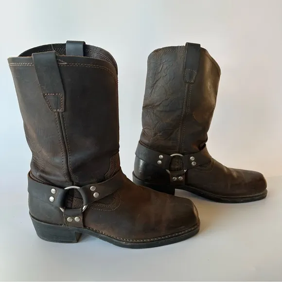 Vintage Brown Leather Harness Boots 11W Motorcycle Riding Square Toe Cody James