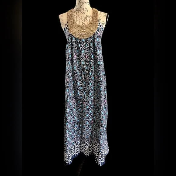 Vintage Cotton Peacock Blue &amp; Purple 70s Maxi Dress Handmade EUC Boho Kafatan