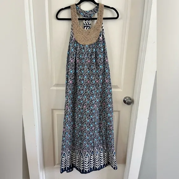 Vintage Cotton Peacock Blue &amp; Purple 70s Maxi Dress Handmade EUC Boho Kafatan