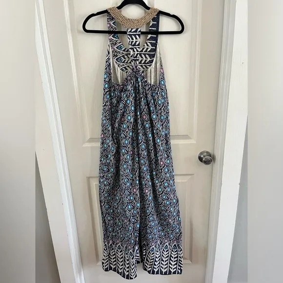 Vintage Cotton Peacock Blue &amp; Purple 70s Maxi Dress Handmade EUC Boho Kafatan