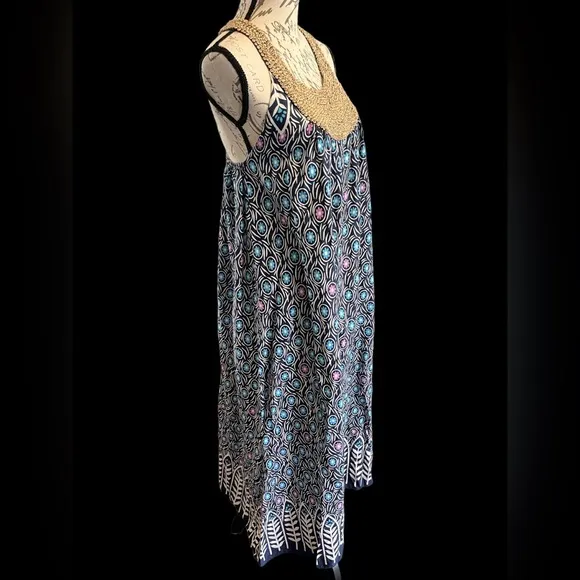 Vintage Cotton Peacock Blue &amp; Purple 70s Maxi Dress Handmade EUC Boho Kafatan