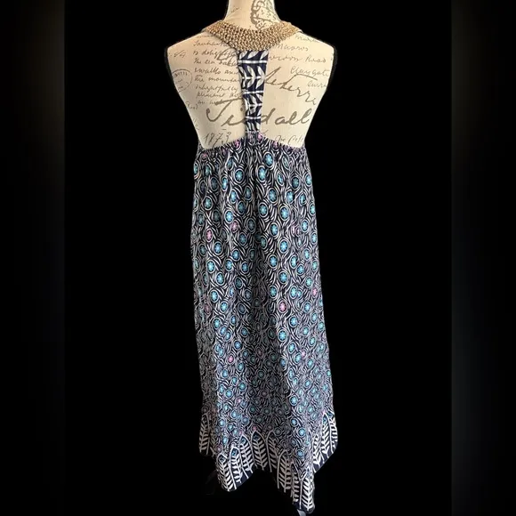 Vintage Cotton Peacock Blue &amp; Purple 70s Maxi Dress Handmade EUC Boho Kafatan