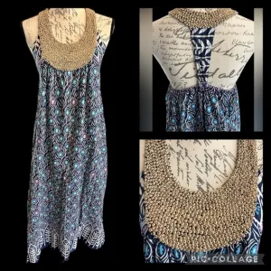 Vintage Cotton Peacock Blue &amp; Purple 70s Maxi Dress Handmade EUC Boho Kafatan