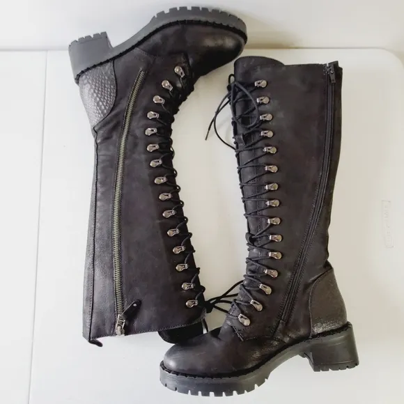 Vintage Foundry Co. Henrietta Tall Boots Size 8 Leather Lace-up and Zip Grunge
