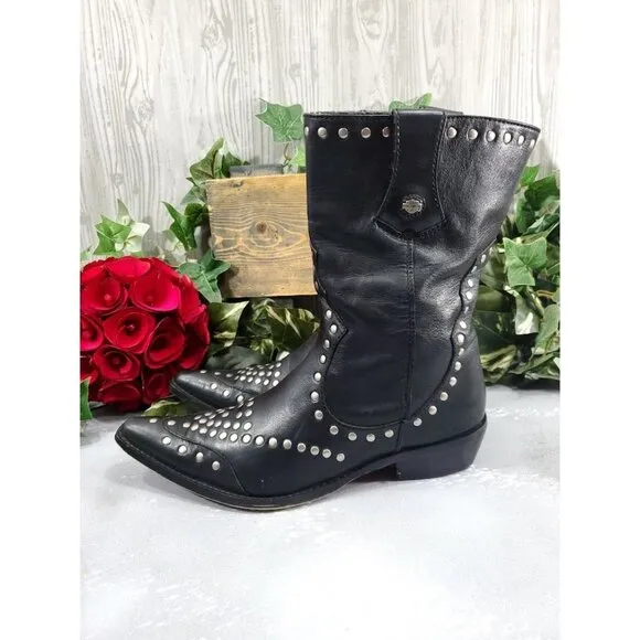Vintage Harley Davidson Black Leather Studded Moto Boots Cowboy Biker Motorcycle