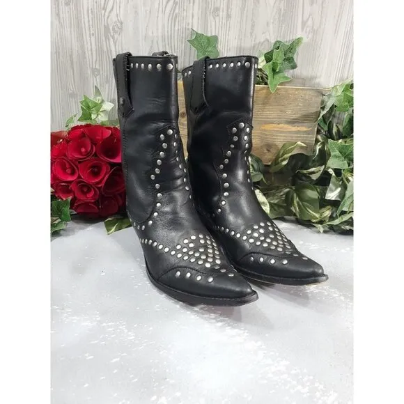 Vintage Harley Davidson Black Leather Studded Moto Boots Cowboy Biker Motorcycle
