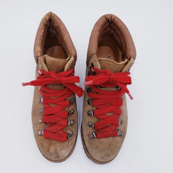 Vintage Mountaineering Hiking Boots Brown Suede Red Laces Women's Size 8.5