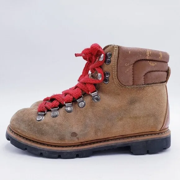 Vintage Mountaineering Hiking Boots Brown Suede Red Laces Women's Size 8.5