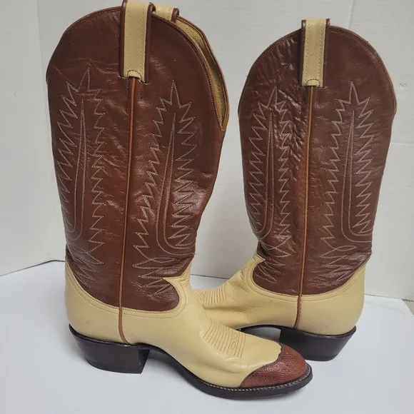Vintage Women'sTony Lama TwoTone Leather Snakeskin Tip Cowboy Boots Size 5