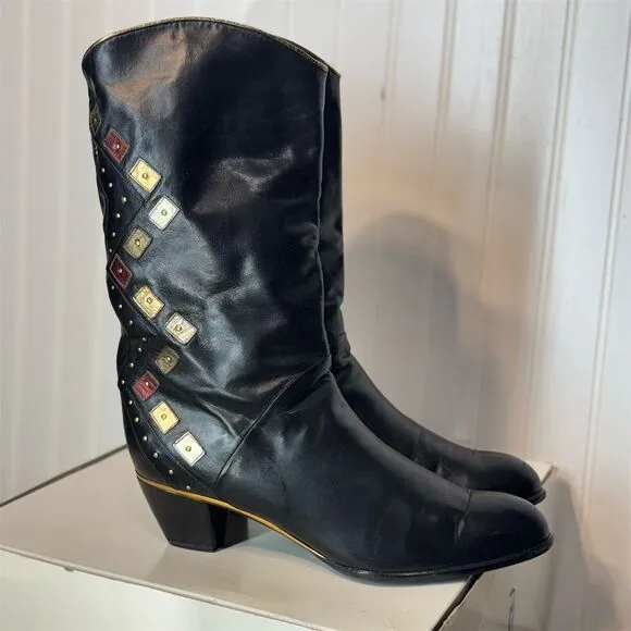 Vintage Yaska Italy Black Leather Western Boots 42.5 EU Studded Boho Cowboy