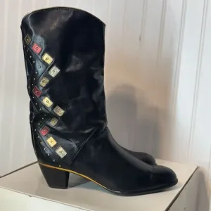 Vintage Yaska Italy Black Leather Western Boots 42.5 EU Studded Boho Cowboy