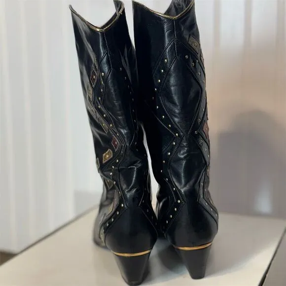 Vintage Yaska Italy Black Leather Western Boots 42.5 EU Studded Boho Cowboy