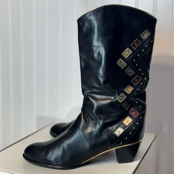 Vintage Yaska Italy Black Leather Western Boots 42.5 EU Studded Boho Cowboy