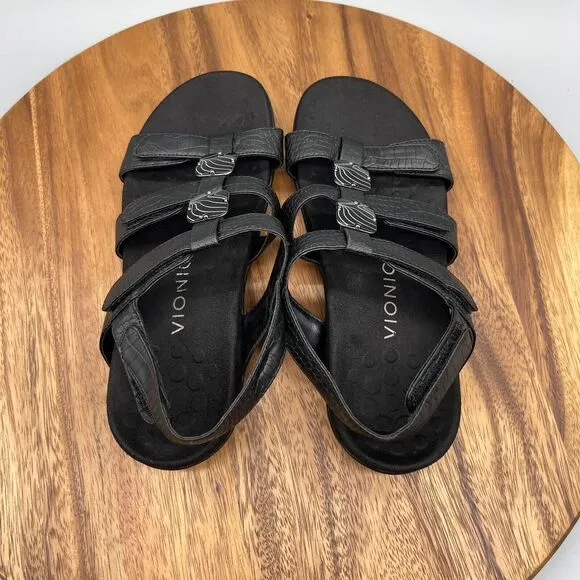 Vionic Amber Sandals Womens Size 7 Black Leather Shoes TVW1275 Adjustable