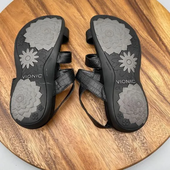 Vionic Amber Sandals Womens Size 7 Black Leather Shoes TVW1275 Adjustable