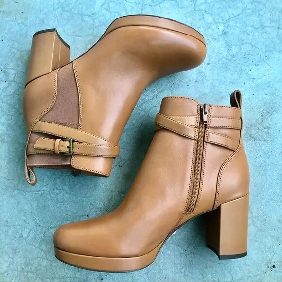 Vionic Nella Ankle Boots Heeled Camel Light Brown Tan Leather Water Repellent 9
