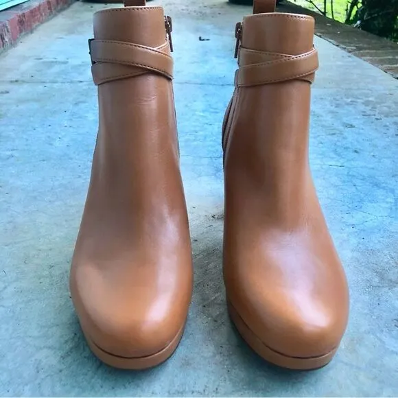 Vionic Nella Ankle Boots Heeled Camel Light Brown Tan Leather Water Repellent 9