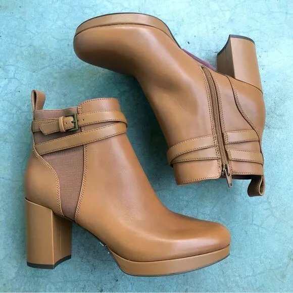 Vionic Nella Ankle Boots Heeled Camel Light Brown Tan Leather Water Repellent 9
