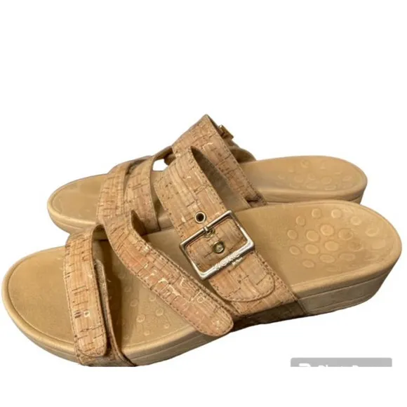 Vionic Rio Women's Size 10.5 Gold Cork Adjustable Slip-On Comfort Sandals Shoes