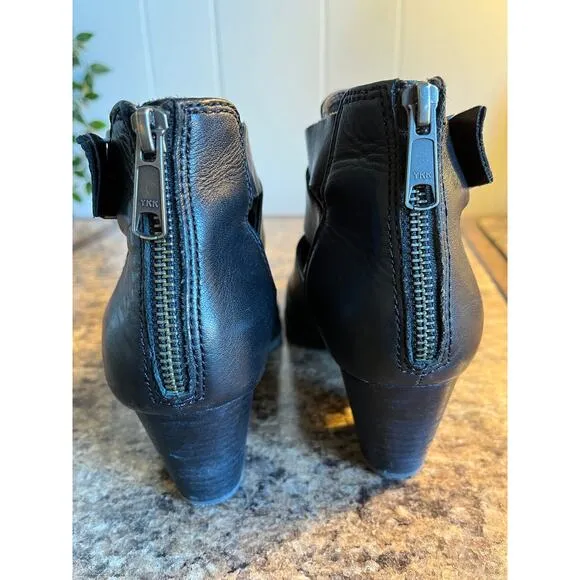 Vionic Rory Black Waxed Leather Ankle Boots Booties 7 Cutouts Buckles Boho