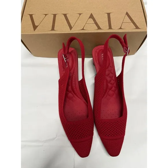 VIVAIA Slingback Pumps Knit Pointed Toe Block Heel Red Shoes size EU/40 US/9