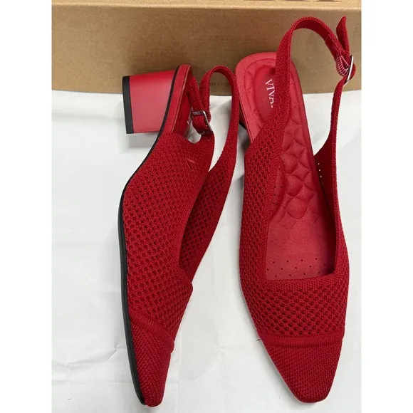 VIVAIA Slingback Pumps Knit Pointed Toe Block Heel Red Shoes size EU/40 US/9