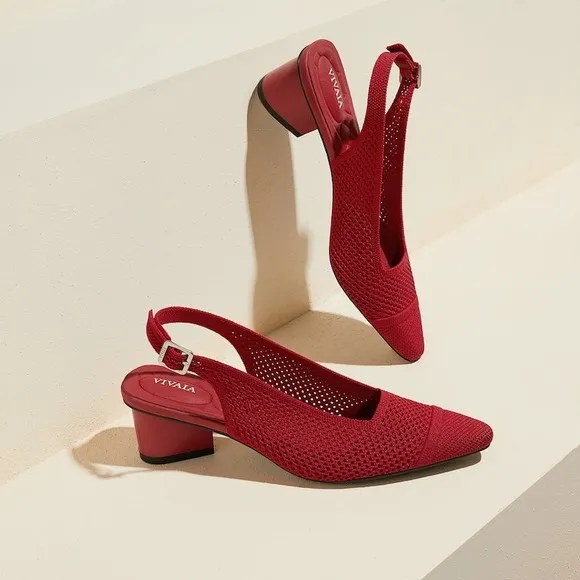 VIVAIA Slingback Pumps Knit Pointed Toe Block Heel Red Shoes size EU/40 US/9