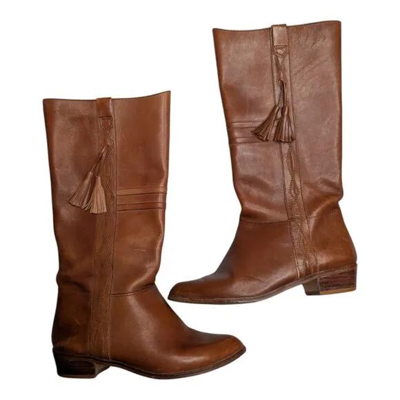 Vtg 1970s Kinney Shoes Cognac Brown Leather Tassel Detail Knee High Boots 7