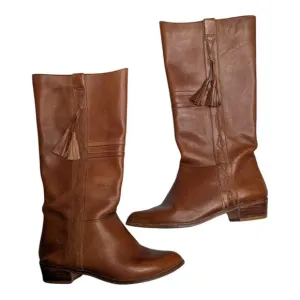 Vtg 1970s Kinney Shoes Cognac Brown Leather Tassel Detail Knee High Boots 7