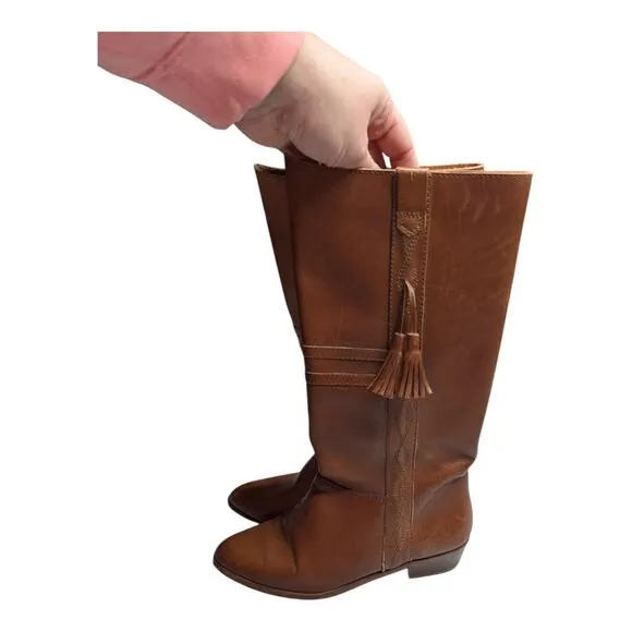 Vtg 1970s Kinney Shoes Cognac Brown Leather Tassel Detail Knee High Boots 7