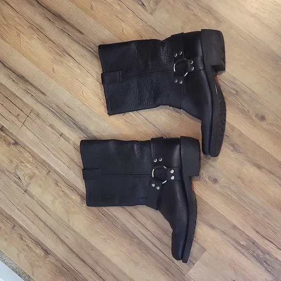 Vtg 70s 80s JUSTIN Black Leather Harness Motorcycle Boots #9025 Size 10.5 D