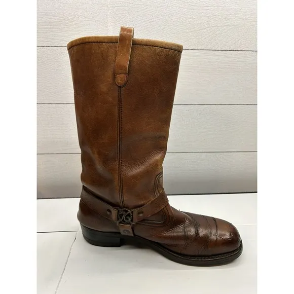 VTG MENS UNBRANDED 1976 HARNESS MOTORCYCLE SQ TOE BROWN BOOTS SIZE  9.5