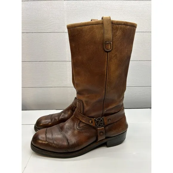 VTG MENS UNBRANDED 1976 HARNESS MOTORCYCLE SQ TOE BROWN BOOTS SIZE  9.5