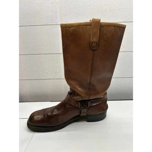 VTG MENS UNBRANDED 1976 HARNESS MOTORCYCLE SQ TOE BROWN BOOTS SIZE  9.5