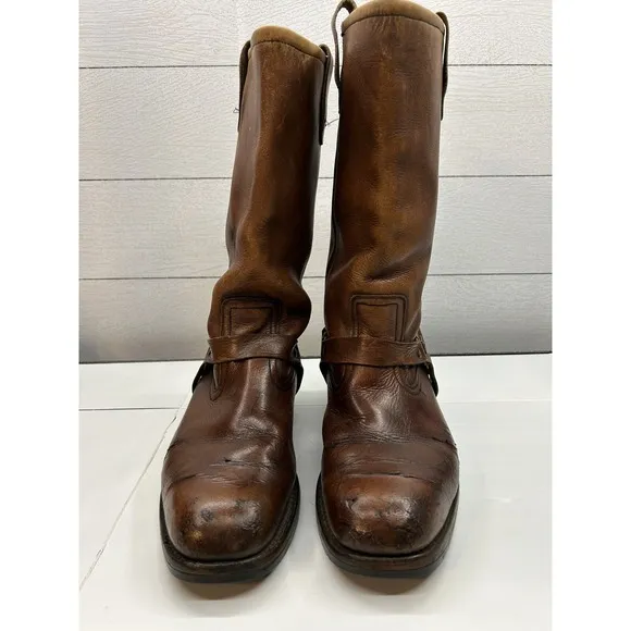 VTG MENS UNBRANDED 1976 HARNESS MOTORCYCLE SQ TOE BROWN BOOTS SIZE  9.5