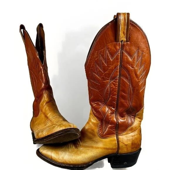 VTG Sanders Men’s Handmade WESTERN Cowboy BOOTS 8D Mexico Light Brown Leather