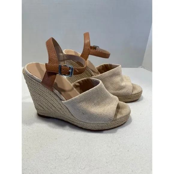 Witchery Juliet Espadrille Wedge Heel Sandals 40 US 9.5 Cream Tan Ankle Strap