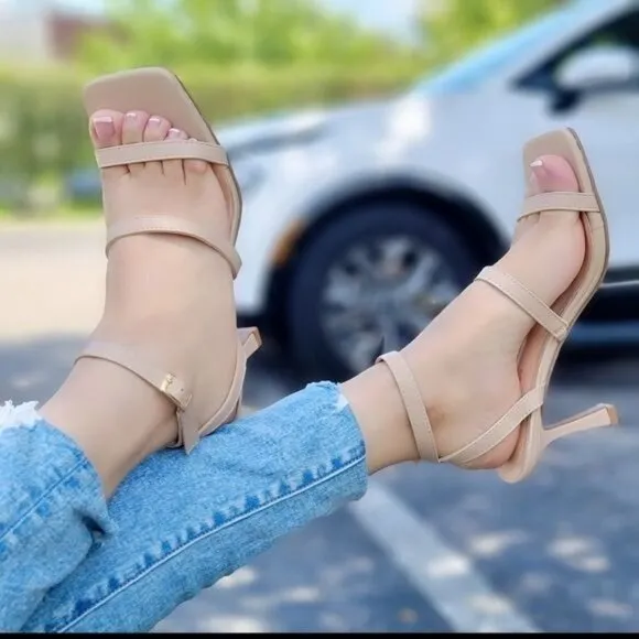 Women Ankle Strap High Heel Sandals Nude Color