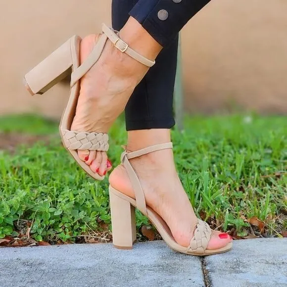 Women Braided Ankle Strap High‎ Chunky Heel Sandals Nude Color