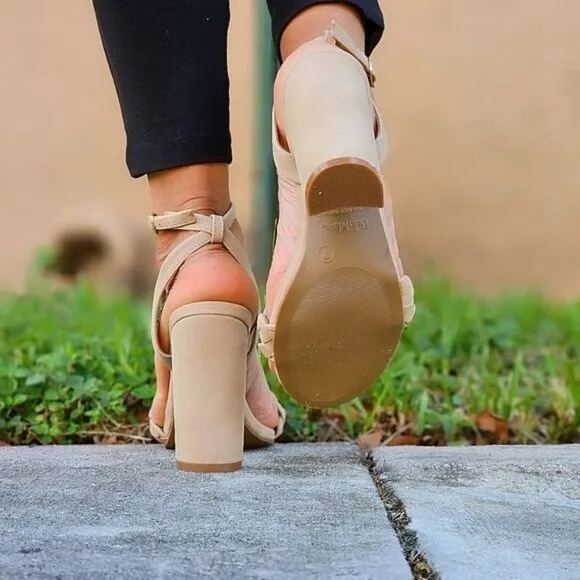 Women Braided Ankle Strap High‎ Chunky Heel Sandals Nude Color