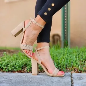 Women Braided Ankle Strap High‎ Chunky Heel Sandals Nude Color