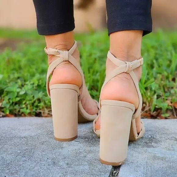 Women Braided Ankle Strap High‎ Chunky Heel Sandals Nude Color