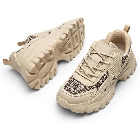 Women Tan Fashion Sneakers Bold Lace-Up Comfortable Sneakers