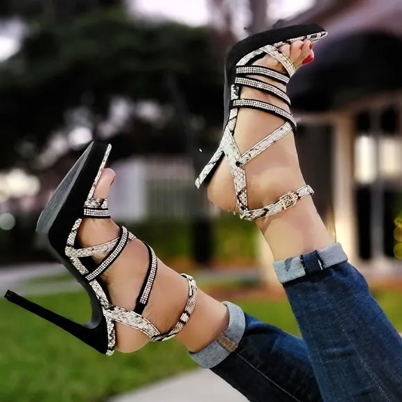 Women's Black Animal Print Rhinestone Strappy High Heels