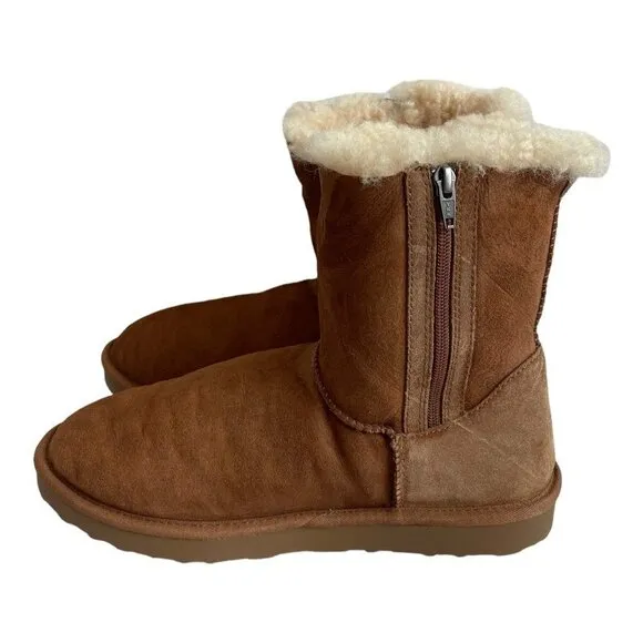 Womens Boots Tan Suede Sheepskin Wool Lining Cozy Zipped Boots Winter Booties