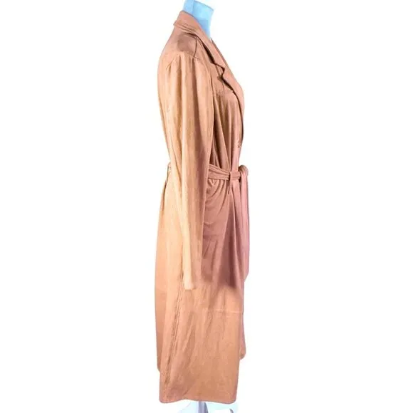 Women's Camel Suede-Look Long Coat - Button-Front Belted Trench w/ Lapel Collar